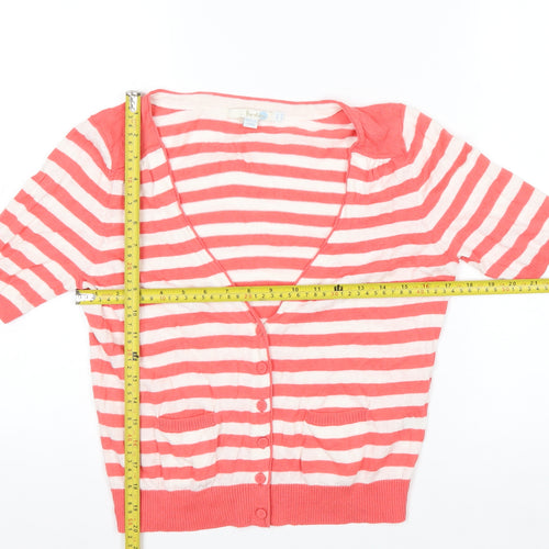 Boden Women’s Pink White Striped Linen Cotton V-Neck Cardigan Size 14