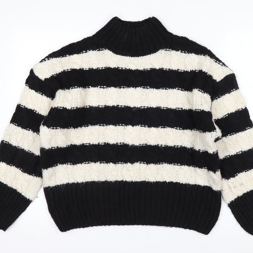 Stradivarius Women's Black White Striped High Neck Knit Jumper S