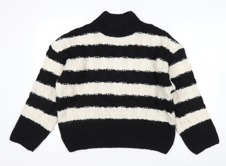 Stradivarius Women's Black White Striped High Neck Knit Jumper S