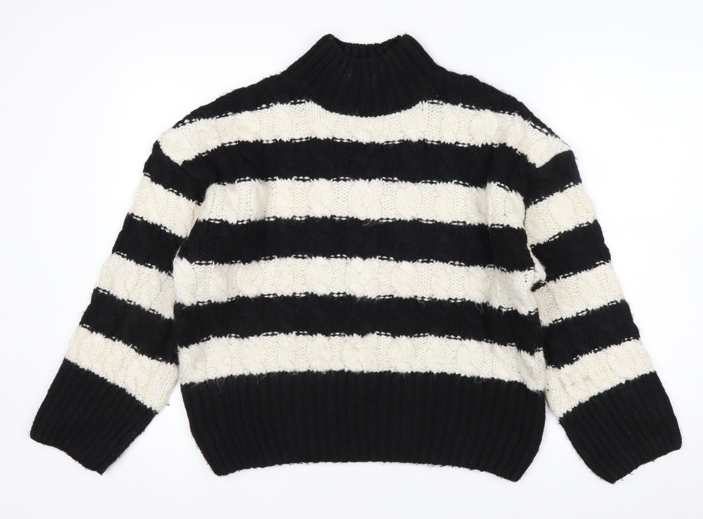 Stradivarius Women's Black White Striped High Neck Knit Jumper S