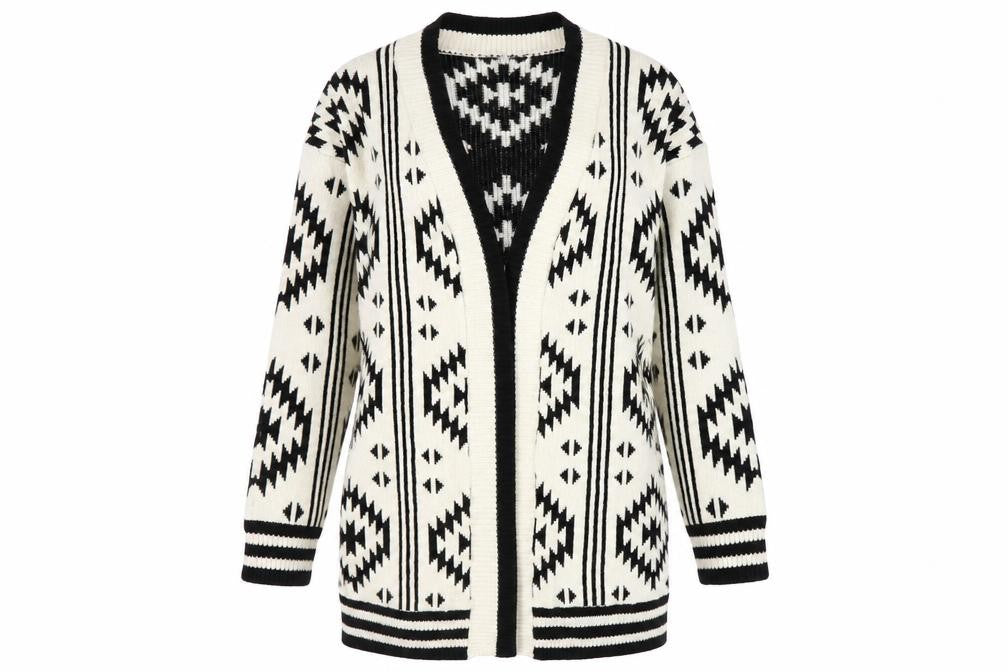 Front view of Klass women’s black & ivory aztec knit cardigan small