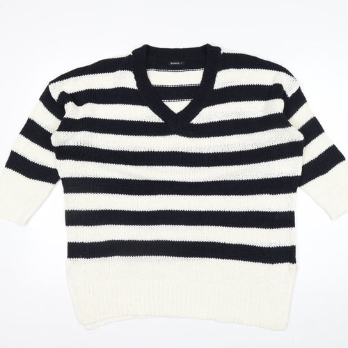 Roman Women’s Navy Stripe V-Neck Knit Jumper Size 14 Relaxed Fit
