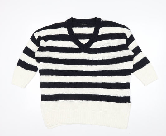 Roman Women’s Navy Stripe V-Neck Knit Jumper Size 14 Relaxed Fit