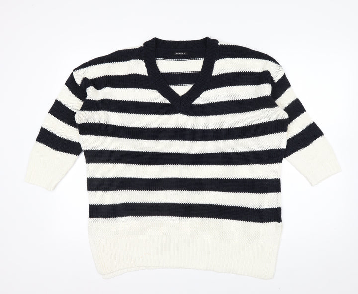 Roman Women’s Navy Stripe V-Neck Knit Jumper Size 14 Relaxed Fit