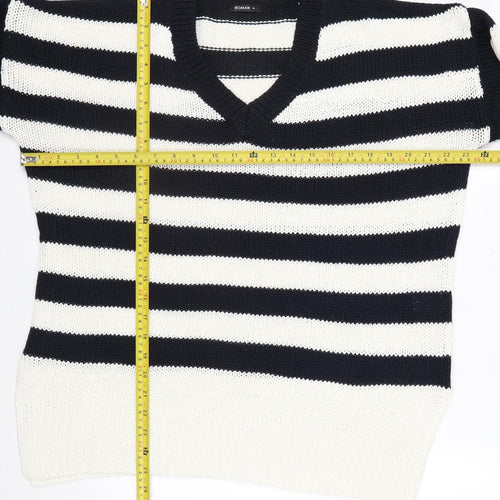 Roman Women’s Navy Stripe V-Neck Knit Jumper Size 14 Relaxed Fit