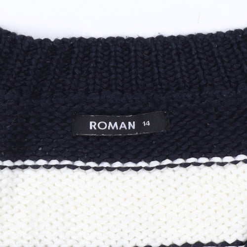 Roman Women’s Navy Stripe V-Neck Knit Jumper Size 14 Relaxed Fit