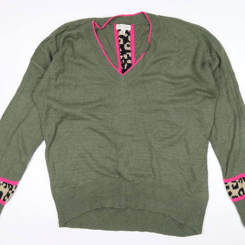 Love & Roses Women's Green Leopard Trim V-Neck Jumper Size 16
