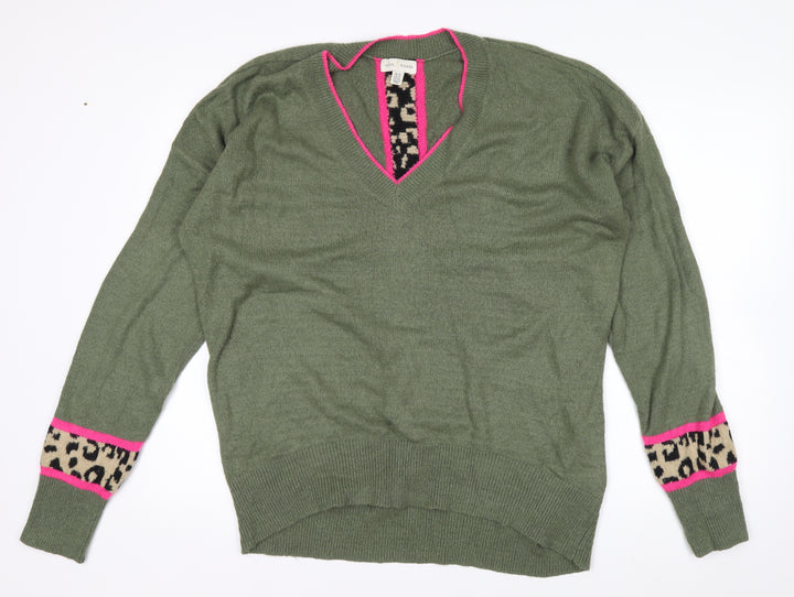 Love & Roses Women's Green Leopard Trim V-Neck Jumper Size 16
