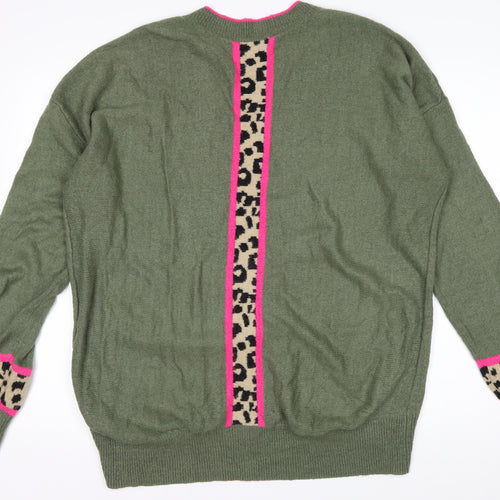 Love & Roses Women's Green Leopard Trim V-Neck Jumper Size 16