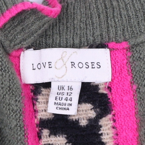 Love & Roses Women's Green Leopard Trim V-Neck Jumper Size 16