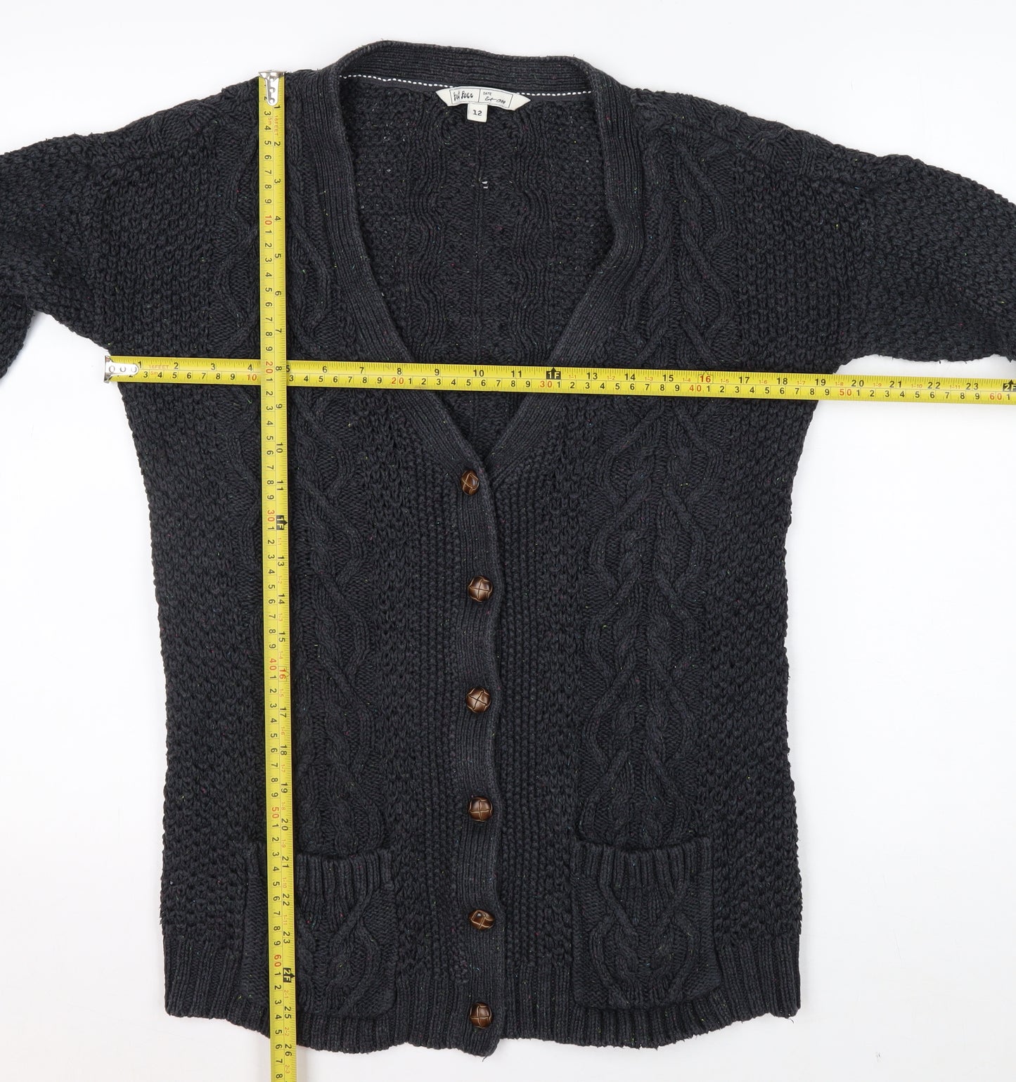 Fat Face Women's Black Size 12 Cable Knit Wool Blend Cardigan