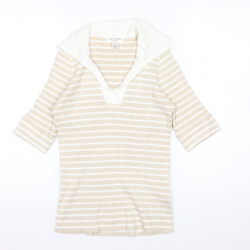 Rio & Rian Women's Beige Striped V-Neck Knit 3/4 Sleeve Top M