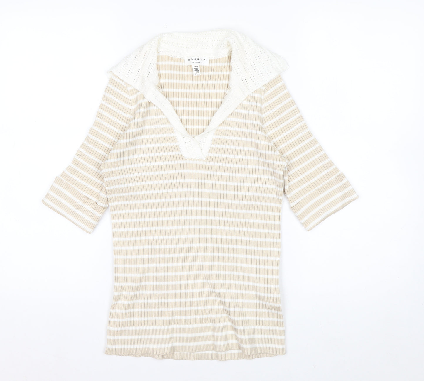 Rio & Rian Women's Beige Striped V-Neck Knit 3/4 Sleeve Top M