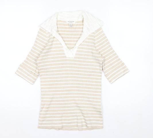 Rio & Rian Women's Beige Striped V-Neck Knit 3/4 Sleeve Top M