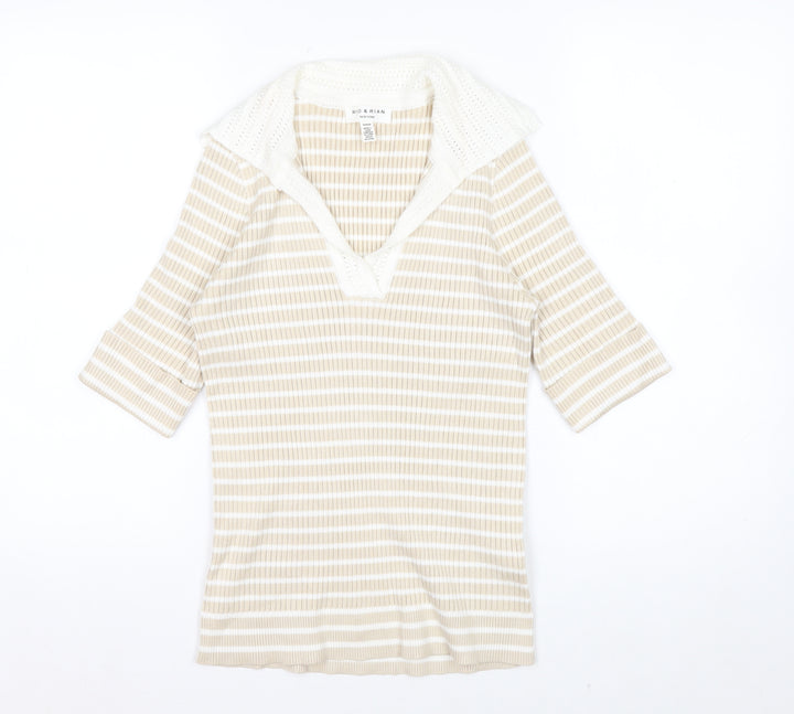Rio & Rian Women's Beige Striped V-Neck Knit 3/4 Sleeve Top M