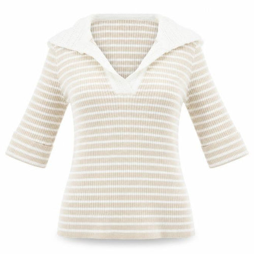 Rio & Rian Women's Beige Striped V-Neck Knit 3/4 Sleeve Top M