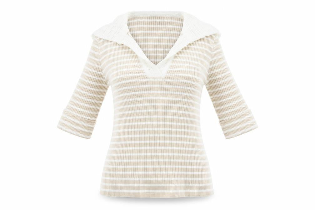 Rio & Rian Women's Beige Striped V-Neck Knit 3/4 Sleeve Top M