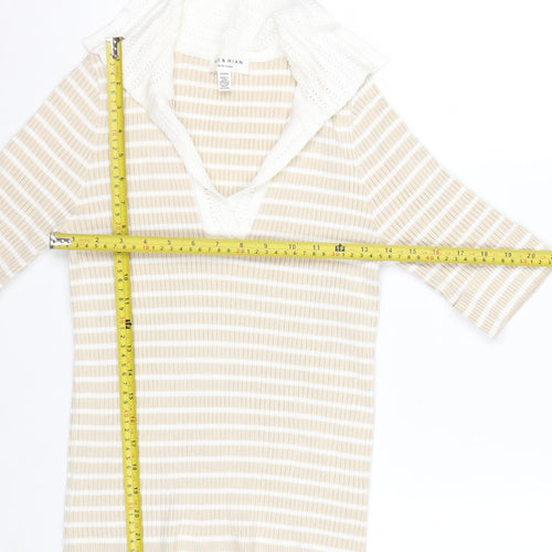 Rio & Rian Women's Beige Striped V-Neck Knit 3/4 Sleeve Top M