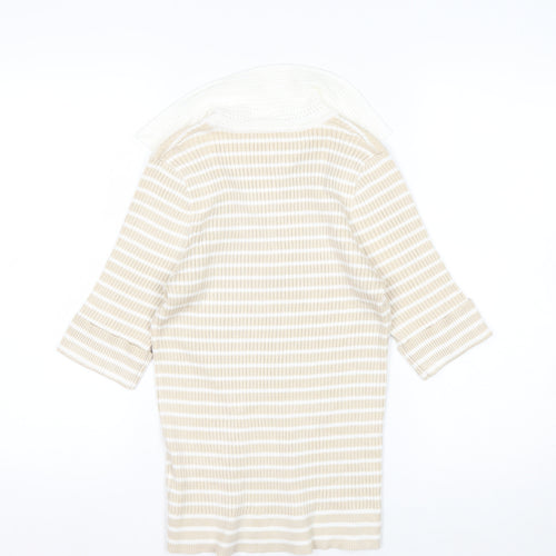 Rio & Rian Women's Beige Striped V-Neck Knit 3/4 Sleeve Top M