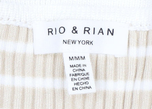 Rio & Rian Women's Beige Striped V-Neck Knit 3/4 Sleeve Top M