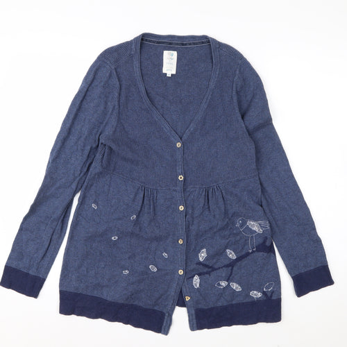 Monsoon Women’s Blue Embroidered Bird Cotton Wool V-Neck Cardigan Size 12