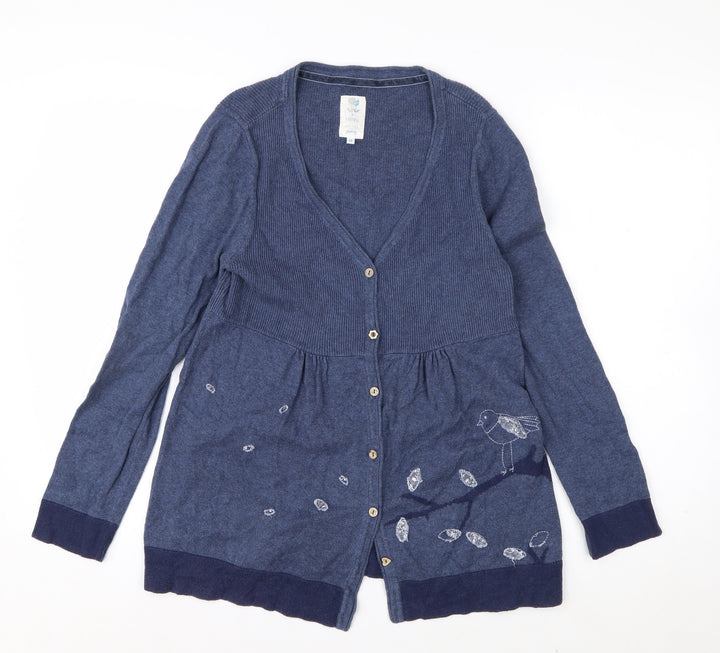 Monsoon Women’s Blue Embroidered Bird Cotton Wool V-Neck Cardigan Size 12