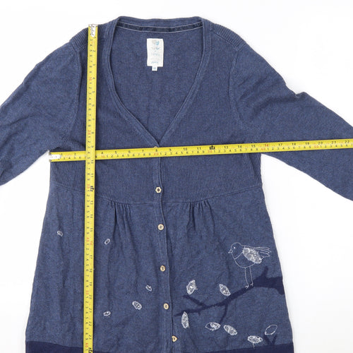 Monsoon Women’s Blue Embroidered Bird Cotton Wool V-Neck Cardigan Size 12