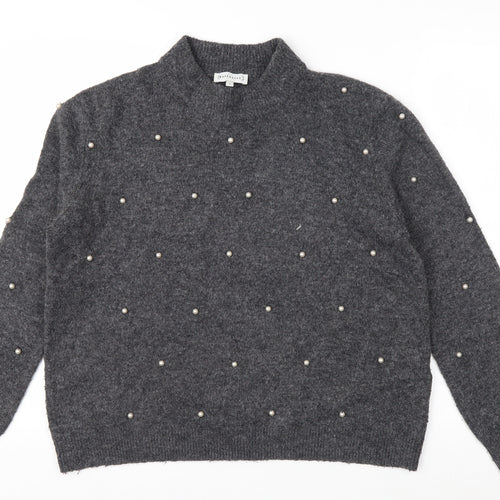 Warehouse Womens Grey Beaded Mock Neck Knit Jumper Size 12