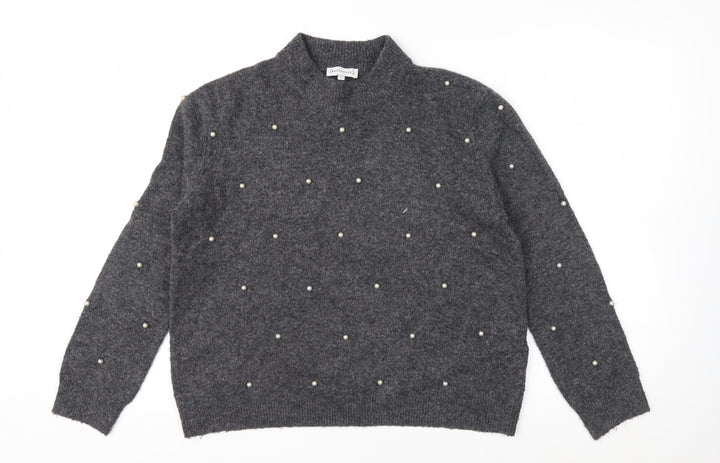 Warehouse Womens Grey Beaded Mock Neck Knit Jumper Size 12