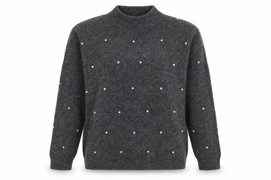 Front view of Warehouse women’s grey beaded mock neck knit jumper, size UK 12