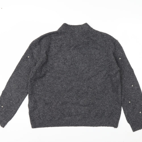 Warehouse Womens Grey Beaded Mock Neck Knit Jumper Size 12