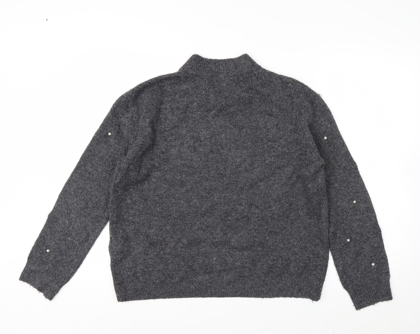 Warehouse Womens Grey Beaded Mock Neck Knit Jumper Size 12