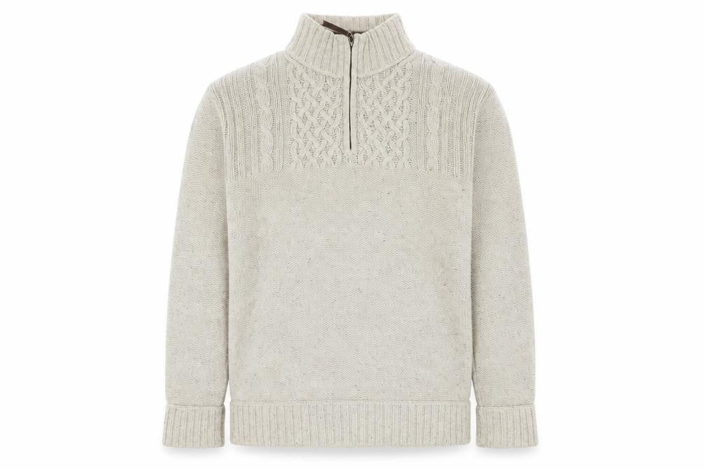 Front view of Mantaray men’s beige cable knit 1/4 zip jumper, size M, wool blend