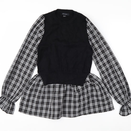 New Look Women's Black Check Tunic Blouse Size 8 Long Sleeve