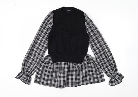 New Look Women's Black Check Tunic Blouse Size 8 Long Sleeve