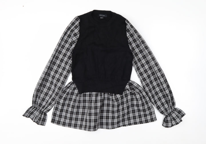 New Look Women's Black Check Tunic Blouse Size 8 Long Sleeve