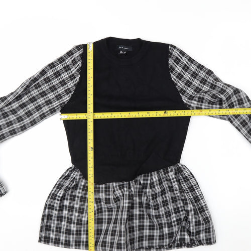 New Look Women's Black Check Tunic Blouse Size 8 Long Sleeve