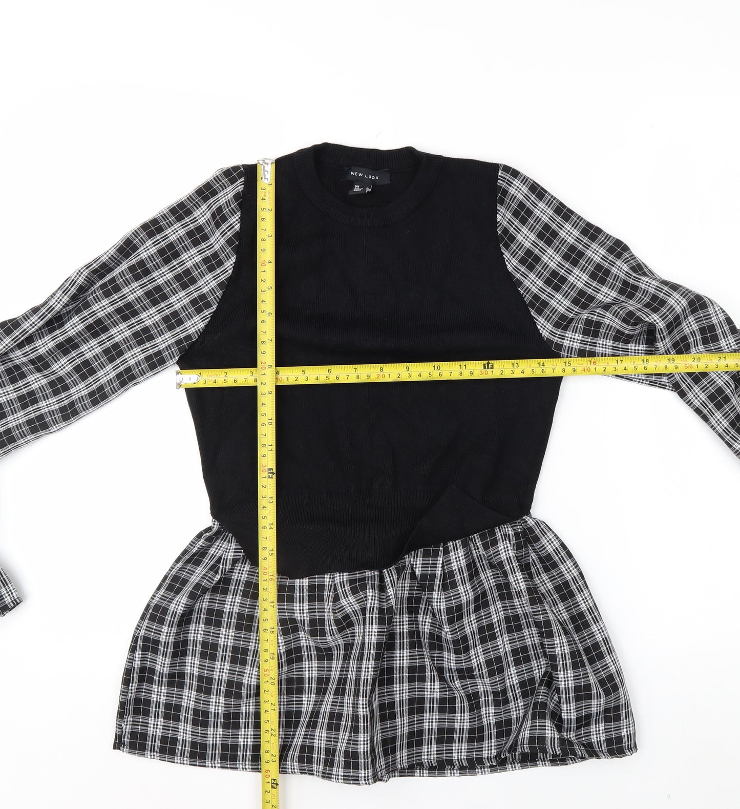 New Look Women's Black Check Tunic Blouse Size 8 Long Sleeve