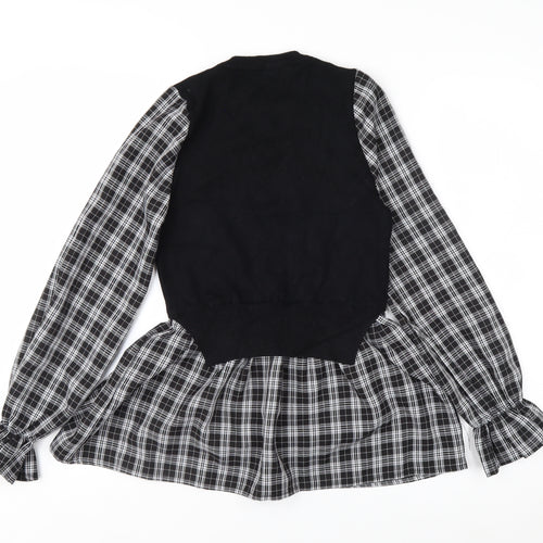 New Look Women's Black Check Tunic Blouse Size 8 Long Sleeve