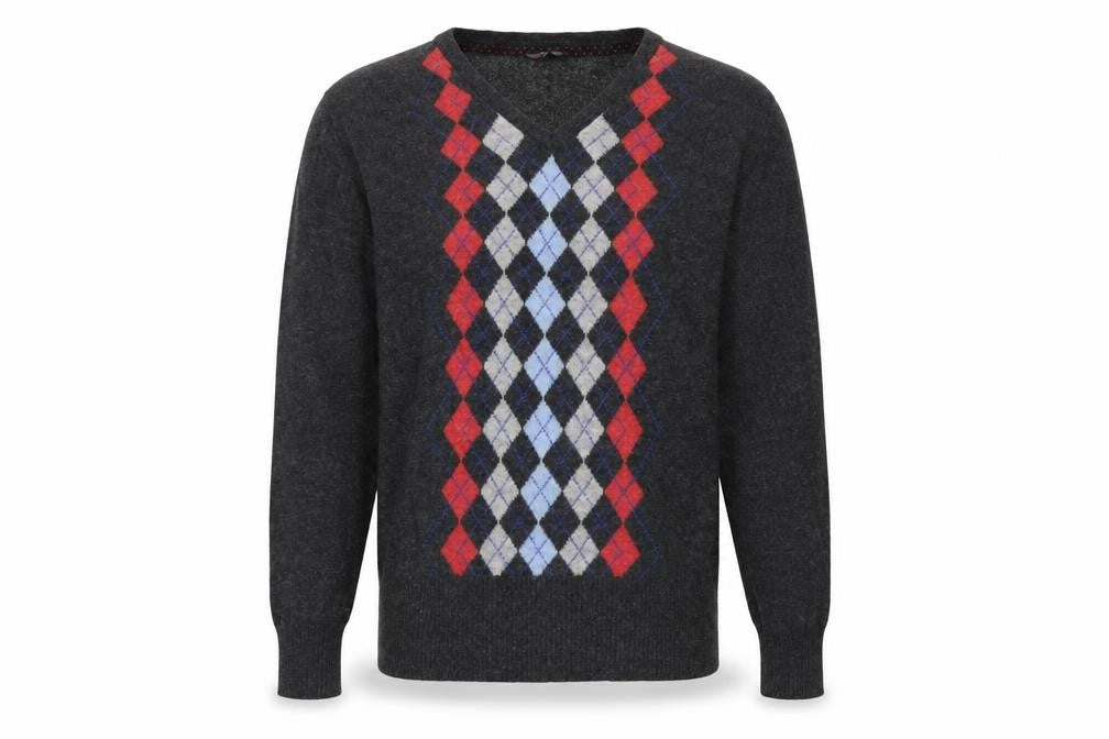 Front view of Stanfield Men's Grey Argyle Wool V-Neck Jumper XL