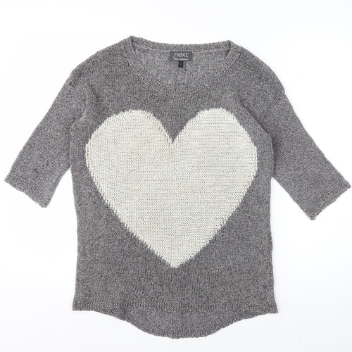 Next Womens Grey Heart Knit Jumper Size 8 Cotton Blend 3/4 Sleeve