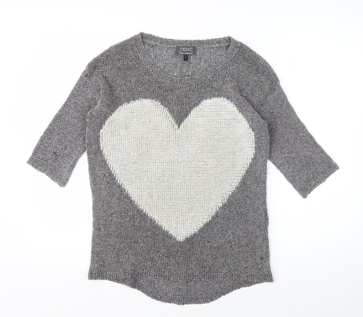 Next Womens Grey Heart Knit Jumper Size 8 Cotton Blend 3/4 Sleeve