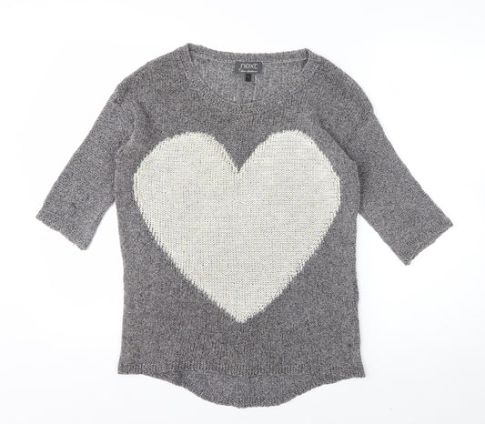 Next Womens Grey Heart Knit Jumper Size 8 Cotton Blend 3/4 Sleeve