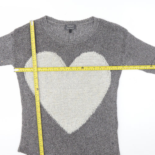 Next Womens Grey Heart Knit Jumper Size 8 Cotton Blend 3/4 Sleeve