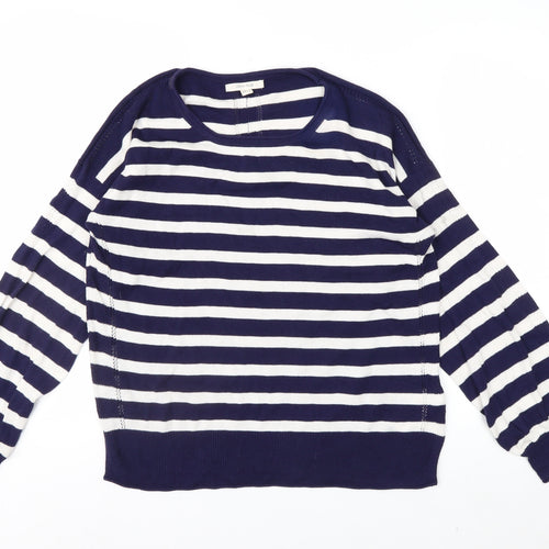White Stuff Women's Blue Striped Cotton Crew Neck Jumper Size 14
