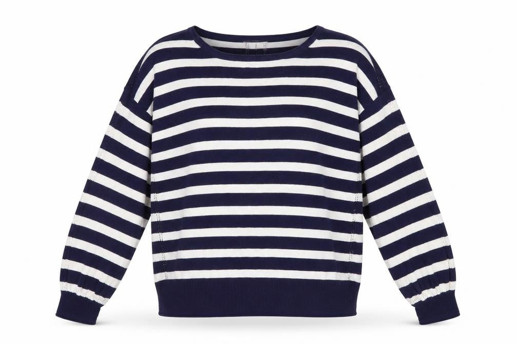 Front view of White Stuff Women's Blue Striped Cotton Crew Neck Jumper, size 14