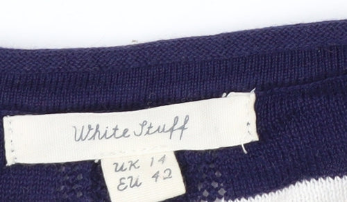 White Stuff Women's Blue Striped Cotton Crew Neck Jumper Size 14