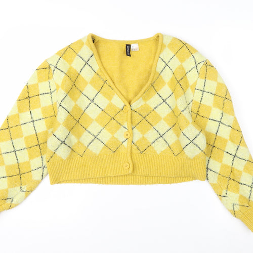 H&M Divided Women Yellow Argyle V-Neck Cropped Cardigan Size S