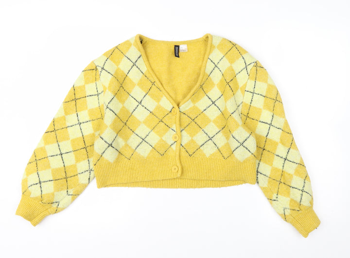 H&M Divided Women Yellow Argyle V-Neck Cropped Cardigan Size S