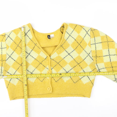 H&M Divided Women Yellow Argyle V-Neck Cropped Cardigan Size S